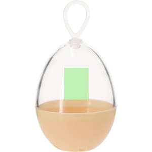 A peach-coloured beauty blender inside a clear egg-shaped case with a hanging loop on top.