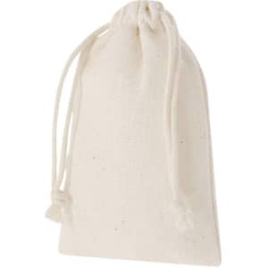 A small, natural cotton drawstring bag in beige, suitable for various storage uses. It features a simple design without branding.