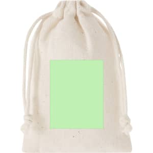 A natural cotton drawstring bag in cream colour with a plain green rectangular area on the front and a logo.