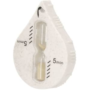 A white sand timer in a droplet shape, designed for a five-minute countdown, featuring a logo.