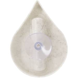 A sand timer in a teardrop-shaped base, featuring a clear suction cup, in a white and speckled finish.