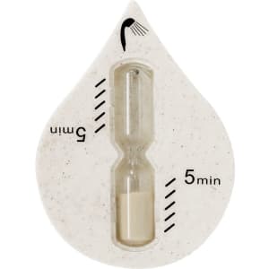 A sand timer in a droplet-shaped holder, featuring a beige hourglass and markings for five minutes.