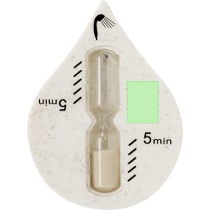 A novelty sand timer shaped like a droplet, featuring a white hourglass and marked for five minutes.