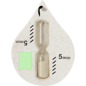 A white, teardrop-shaped sand timer with a glass bulb for measuring five minutes. Features a branding logo.