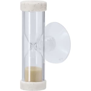 A transparent sand timer featuring a white base, designed for home decor with a minimalist aesthetic.