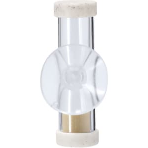 A clear sand timer with white ends, featuring a central glass tube and visible sand mechanism.