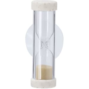 A sand timer with a transparent glass tube and cream-coloured caps, featuring light brown sand inside.