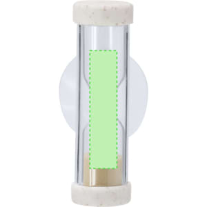 A clear sand timer with a white base, featuring sand inside and a logo on its surface.