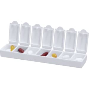 A white pillbox with seven compartments for medication storage, featuring a simple design and a branding logo.