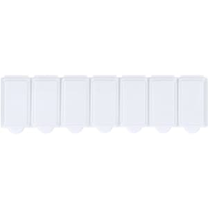 A white pillbox with seven compartments for organising medications, featuring a simple design and a logo.