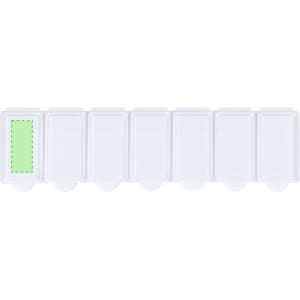 A white pillbox with multiple compartments, featuring a green highlighted section and a logo.