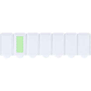 A white pillbox with compartments, featuring a single green highlighted section. It has a simple design and includes branding.