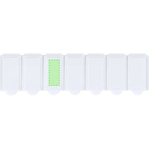 A white pillbox with multiple compartments, featuring a distinct green section, and a logo on the side.