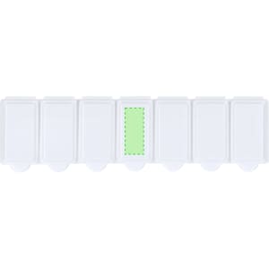 A white pillbox with multiple compartments, featuring a green highlighted section and a simple branding logo.