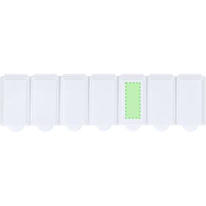 A white pillbox with eight compartments, one highlighted in green, featuring a simple, clean design.