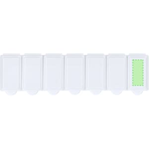A white pillbox with multiple compartments and a green accent, featuring a logo. Ideal for organising medication.
