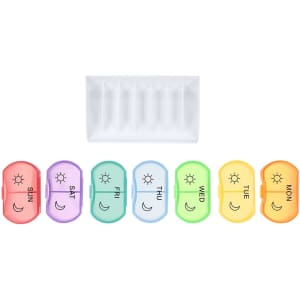 A multicoloured weekly pillbox with compartments for each day and a transparent storage case.