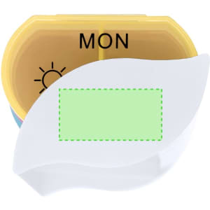 A yellow and white pillbox featuring compartments for medication, marked with "MON" for Monday. It has a logo on the side.