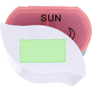 A pink and blue pillbox with compartments for daily use, featuring a white removable lid. It has a branding logo.