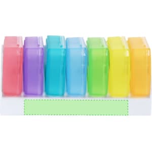 A pillbox with six compartments in purple, blue, green, yellow, orange, and pink, housed in a white holder.