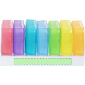 A multi-coloured pillbox with compartments in purple, blue, green, and yellow, featuring a branding logo.