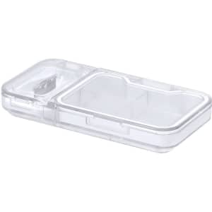 A clear, rectangular pillbox with multiple compartments and a secure lid, featuring a simple design.