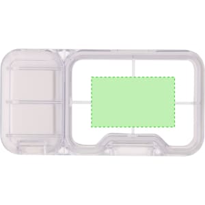 A transparent pillbox with multiple compartments, featuring a green section, and includes a logo.