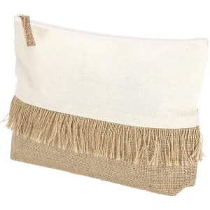 A natural-coloured toiletry bag featuring a fringe detail and a jute base, with a zip closure and logo.