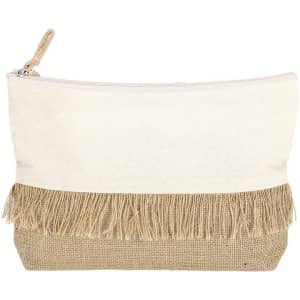 A toiletry bag with a natural material design featuring a cream top and a fringed jute bottom, including a zip closure and a logo.