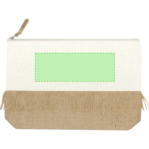 A toiletry bag with a cream fabric top and a natural jute bottom, featuring a fringe design and a branding logo.