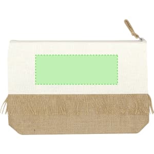 A toiletry bag featuring a cream upper section and a natural jute bottom with fringe detailing and a logo.