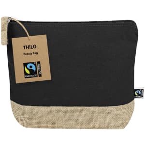 A black and natural jute beauty bag with a zip closure and a tag featuring a logo.