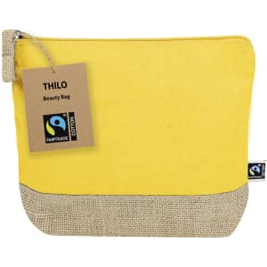 A yellow and natural jute toiletry bag with a zipper and a tag, featuring a logo.