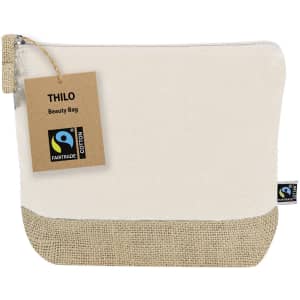 A cream and jute beauty bag with a zip closure and a logo label, featuring a rustic design.
