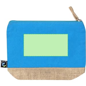 A blue toiletry bag with a green rectangular area and a beige jute bottom. The bag has a zipper and a branding label.