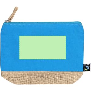 A blue toiletry bag with a natural jute base and a blank green patch, featuring a zipper closure and a logo.