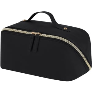 A black toiletry bag with a zippered closure and a handle on top. It features a sleek design and has a logo.