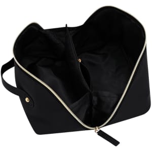 A black toiletry bag with a zip closure, featuring two inner compartments and a handle for easy carrying.