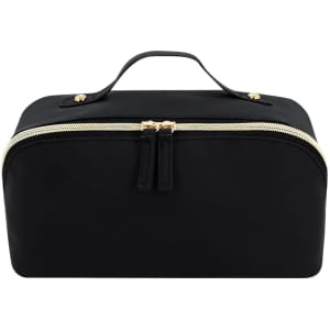 A black toiletry bag with a zip closure and a handle, featuring gold-tone accents.