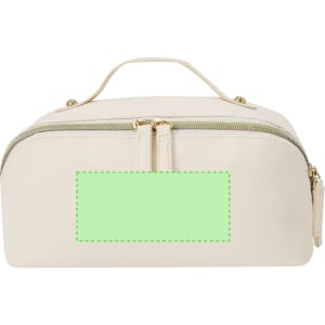 A cream toiletry bag with a gold zipper and handle, featuring a placeholder for a logo or label.