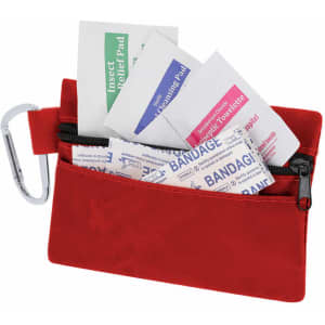 A red first aid kit containing bandages, insect relief pads, antiseptic wipes, and a carabiner for attachment.