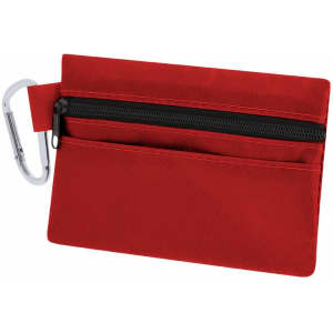 A red cardholder with a zippered pocket and a carabiner clip, featuring a simple design and smooth finish.
