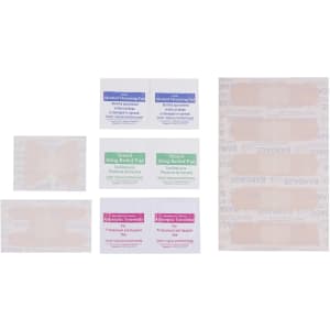 A variety of bandages and antiseptic cleaning pads in pastel colours, arranged neatly in a layout.