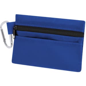 A blue cardholder with a zipper pocket and a carabiner clip, featuring a logo on the front.