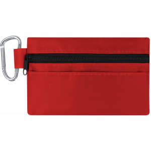A red pouch with a zippered compartment and a carabiner clip, designed for convenience and organisation.