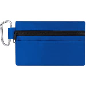 A bright blue wallet with a zippered pocket and a carabiner clip for easy attachment. It has a plain design with no text.