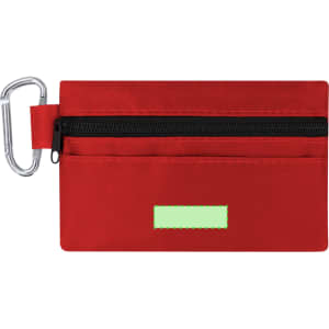 A red pouch with a zippered compartment and a carabiner clip, featuring a blank label area.