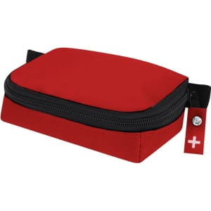 A red first aid kit with a zippered closure and a small logo detail on the side.