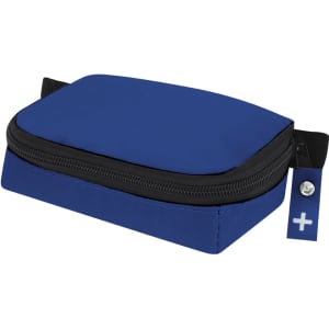 A blue zipped pouch containing first aid supplies, featuring a contrasting black zipper and a small emblem.