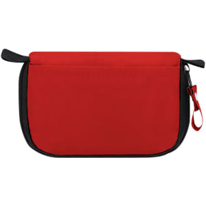 A red emergency kit featuring a zippered closure and a small loop for easy carrying. Includes a branding logo.